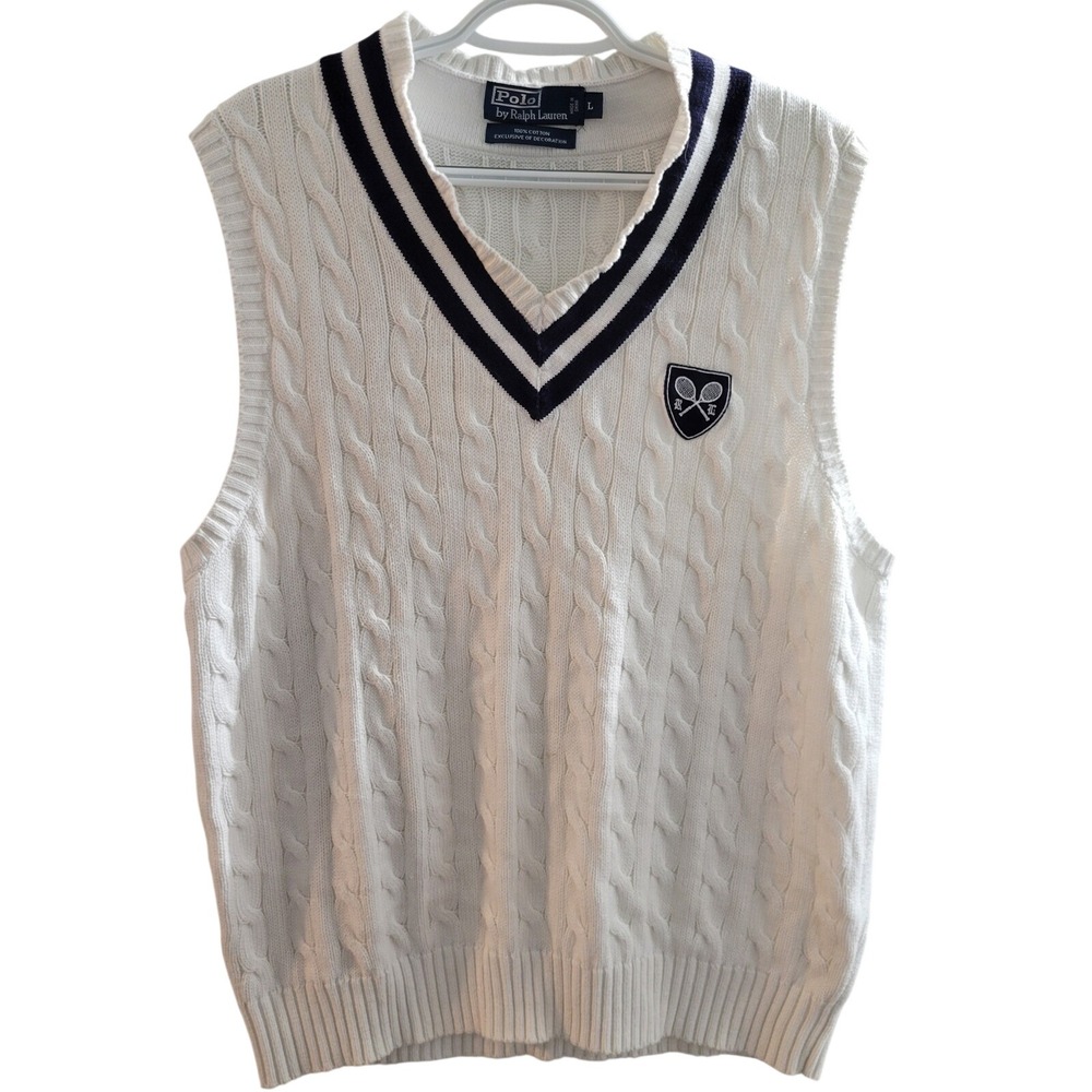 Vintage 2000 Polo Ralph Lauren Cricket Sweater Vest Crossed Rackets White Size L